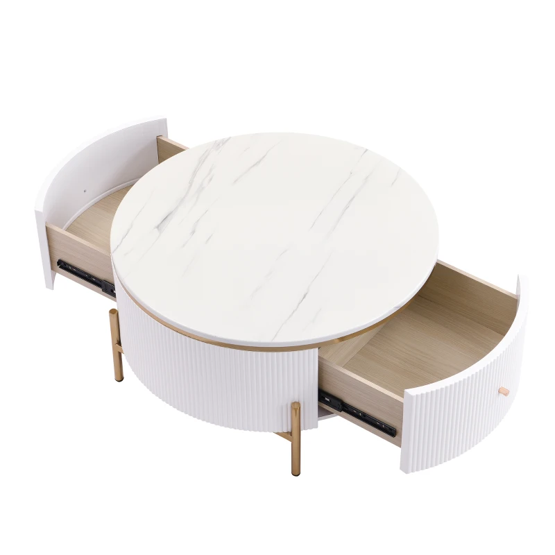 Modern Round Coffee Table with 2 Large Drawers, MDF Construction and Gold Legs, Sleek Modern Design, 31.5" L x 31.5" W x 17" H, White+Gold