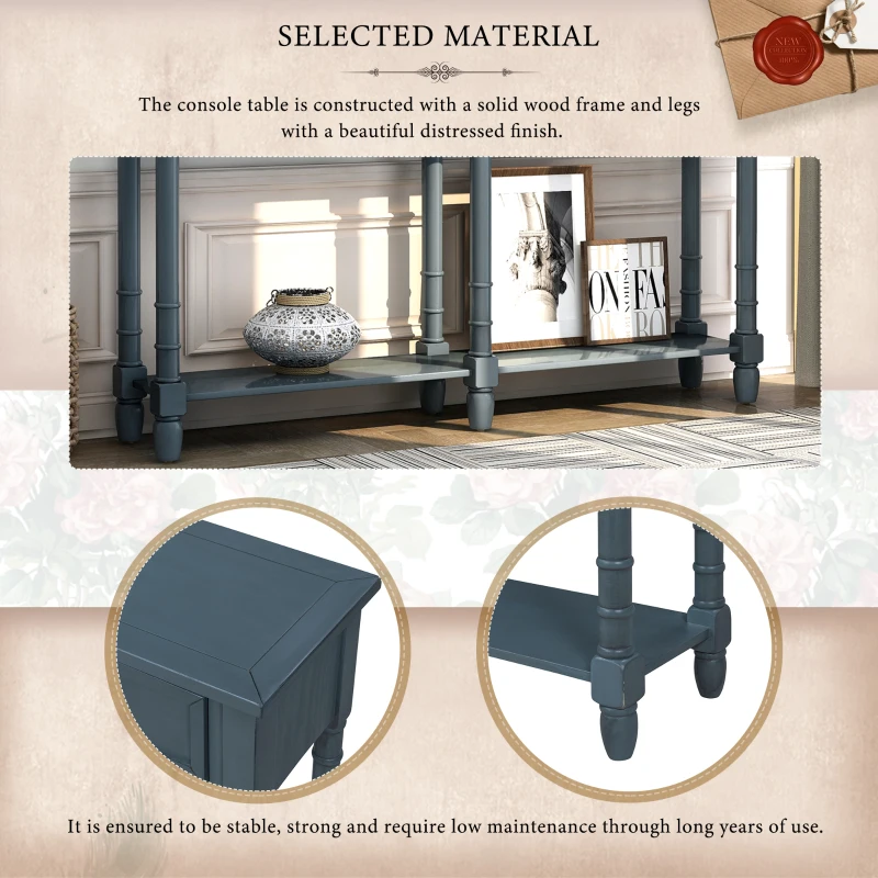 Console Table with Two Storage Drawers and Bottom Shelf, Solid Wood Frame, Easy Assembly, 58" L x 11" W x 34" H, Navy Blue