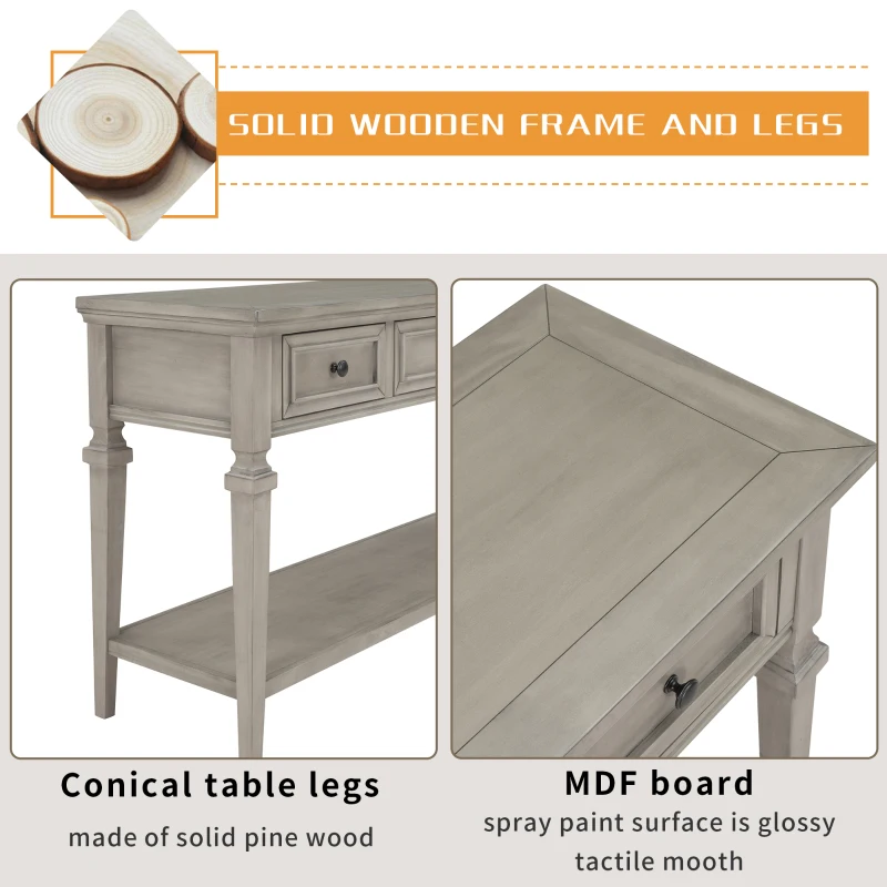 Classic Retro Console Table with 3 Drawers, Open Shelf, Vintage Metal Handles, Perfect for Entryway, Living Room, 50" L x 15" W x 30" H, Gray