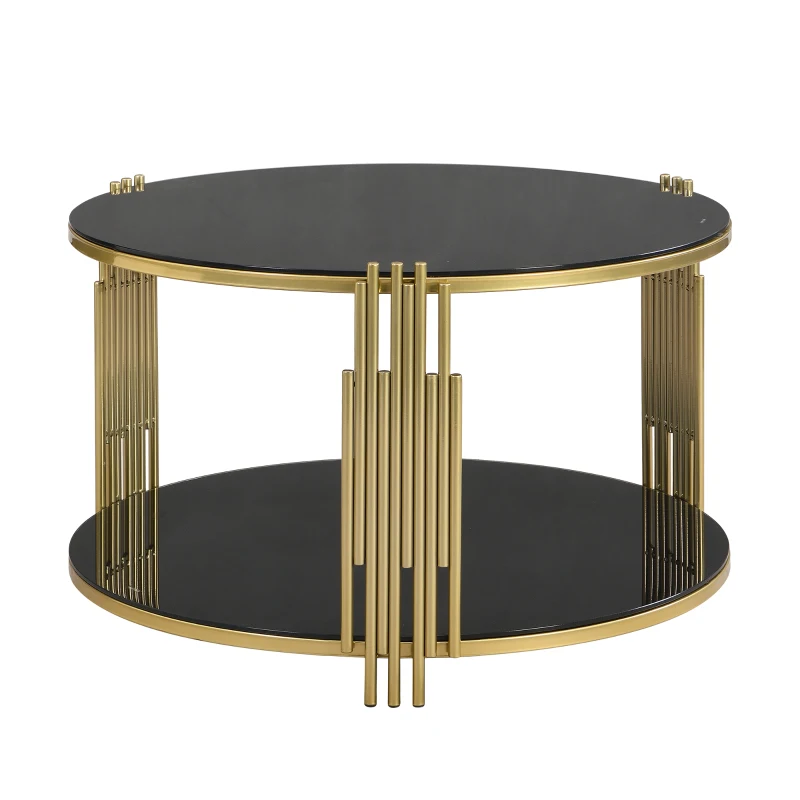 Modern Asymmetrical Coffee Table with Black Mirror Top, Circular Metal Drum Base and Lower Shelf, 31.5" L x 31.5" W x 20" H, Black