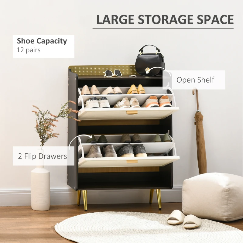 HOMCOM Shoe Cabinet, Modern Shoe Storage Cabinet with 2 Flip Drawers, Adjustable Shelves, Open Shelf and Bamboo Frame for Entryway, Hallway, Holds 12 Pairs, White