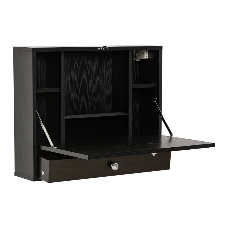 HOMCOM Wall Mounted Desk with Storage Shelves, Floating Desk with Foldable Tabletop, Space Saving Computer Writing Table for Home Office, 23.5 x 6 x 19.75 Inch, Black