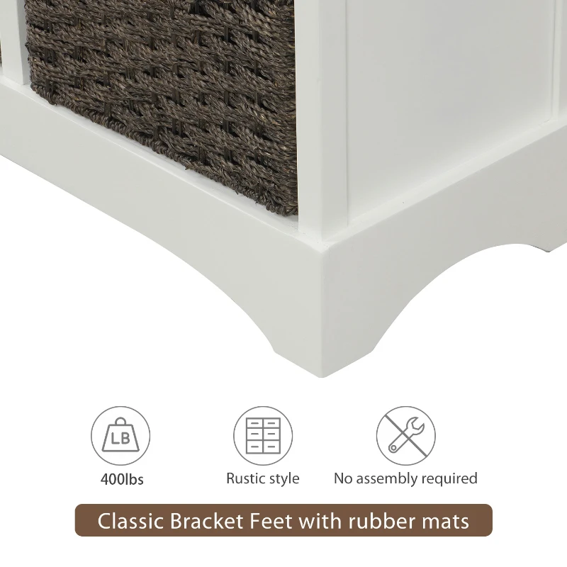 Rustic Storage Cabinet with Two Drawers and Four Rattan Baskets, Modern Farmhouse Style, Acacia Wood Frame, 28" L x 12" W x 28" H, White