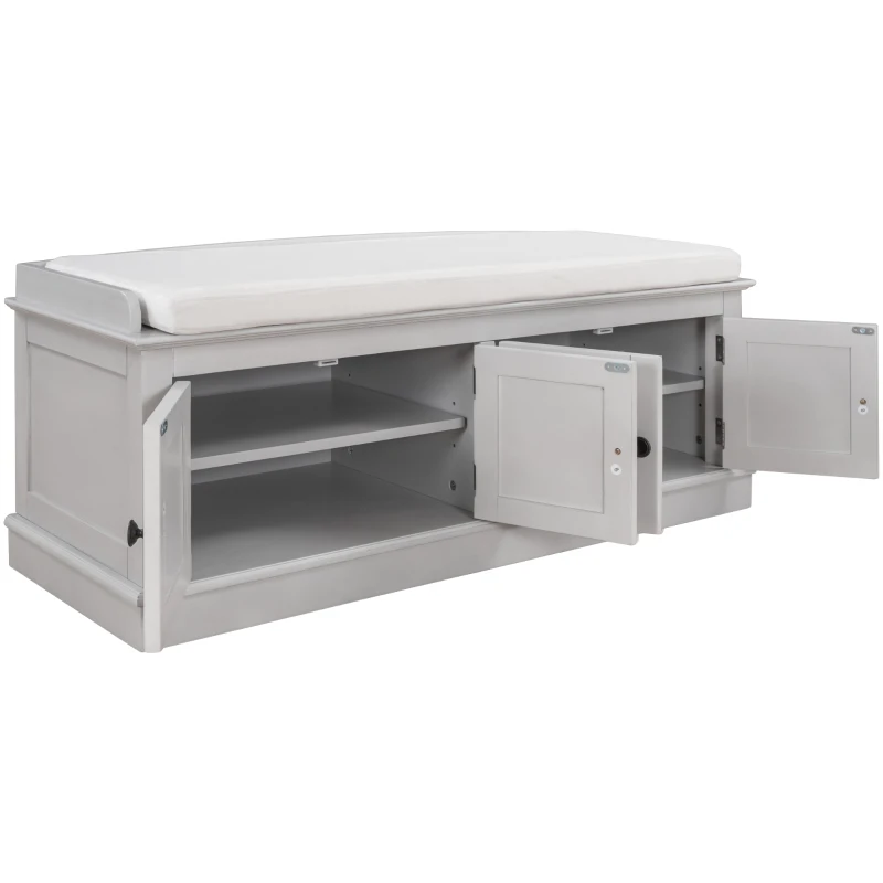 Storage Bench with 4 Doors and Adjustable Shelves, Comfortable Seating, Removable Cushion for Entryway, 43" L x 16" W x 17.5" H, Gray