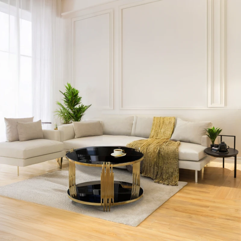 Modern Asymmetrical Coffee Table with Black Mirror Top, Circular Metal Drum Base and Lower Shelf, 31.5" L x 31.5" W x 20" H, Black