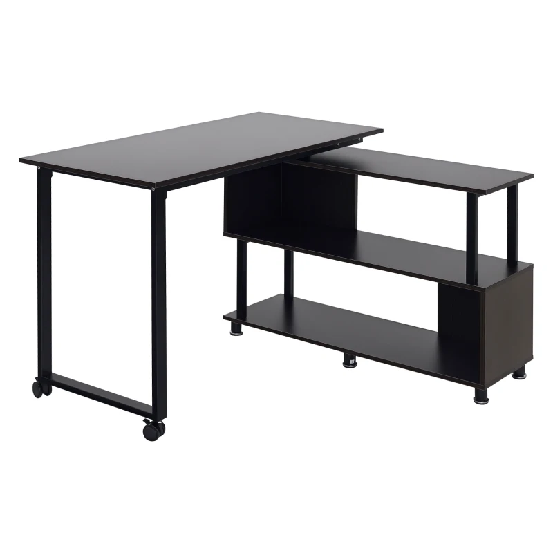 HOMCOM Mobile L-Shaped Rotating Computer Desk with Storage Shelves Moveable Rolling Writing Table Home Office Study Workstation for Home Office, Coffee
