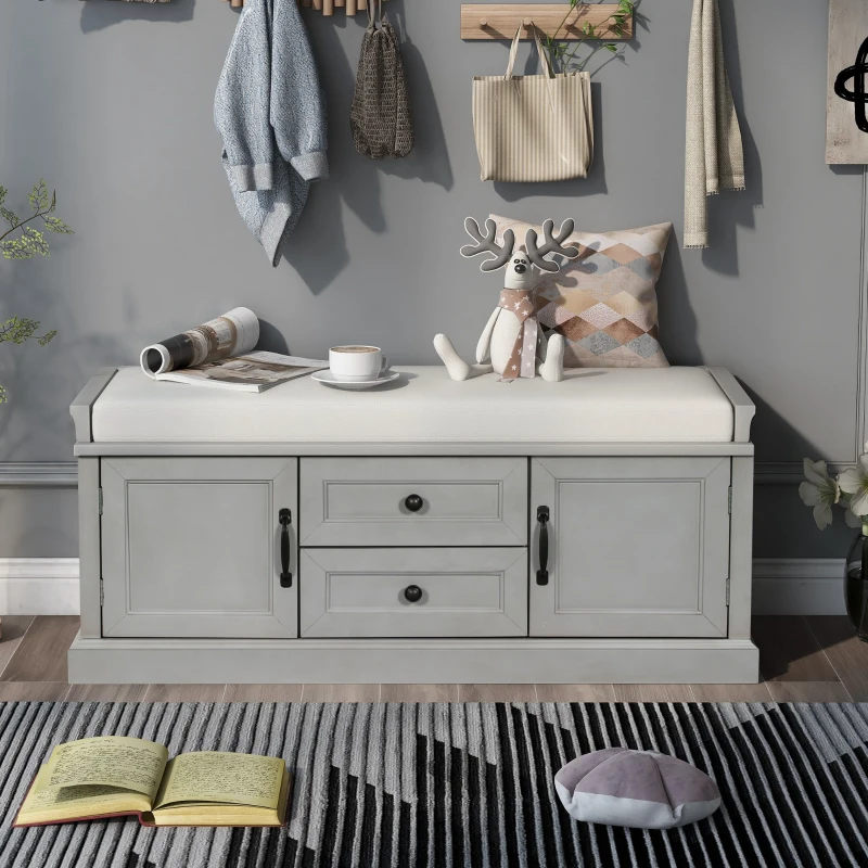Storage Bench with 4 Doors and Adjustable Shelves, Removable Cushion for Entryway, 43" L x 16" W x 17.5" H, Gray