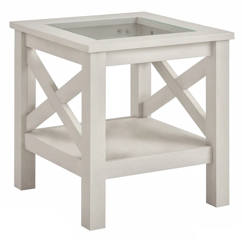 HOMCOM Coffee Table with Tempered Glass Tabletop, Living Room Table with Wood Frame and Underneath Storage Shelf, White Oak