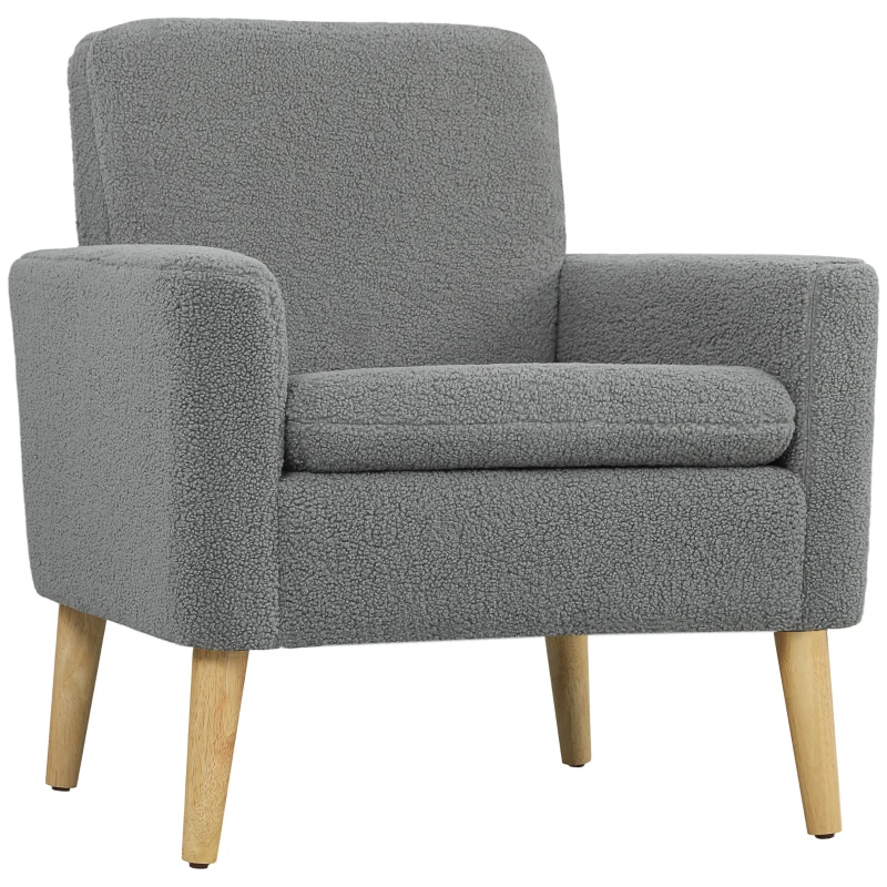 HOMCOM Fabric Accent Chair, Modern Upholstered Armchair with Wood Legs and Wide Padded Seat, Grey