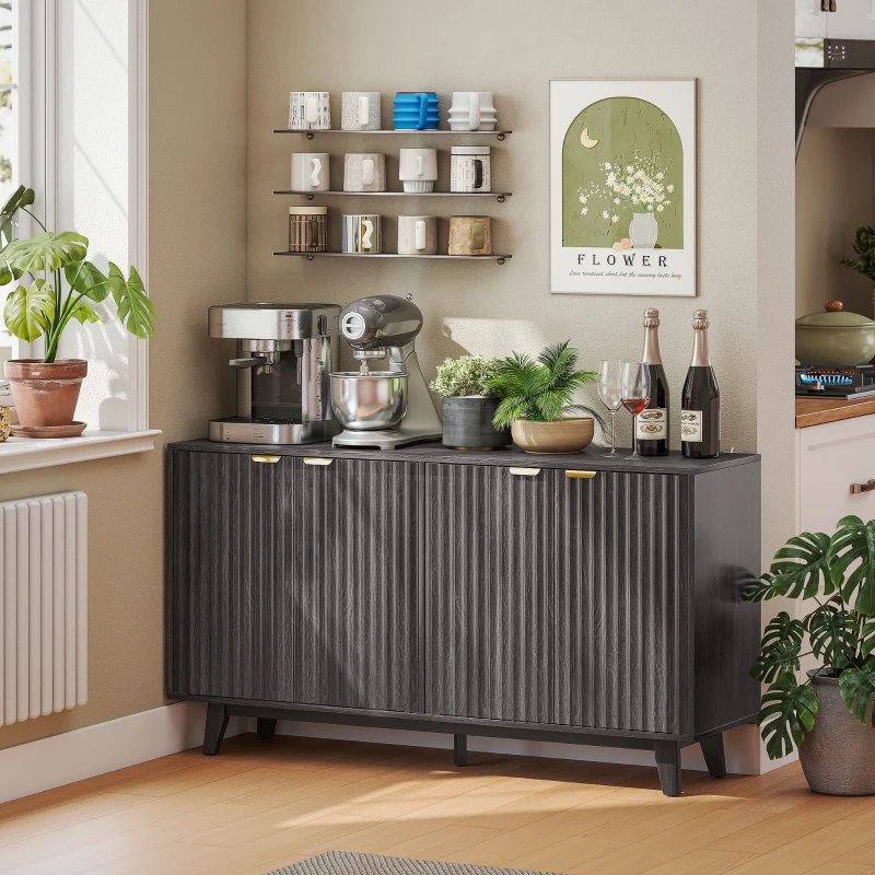 HOMCOM Fluted Sideboard Buffet Cabinet, 55" Coffee Bar Cabinet with 4 Doors, 2 Adjustable Shelves, 5 Wood Legs, Dark Gray