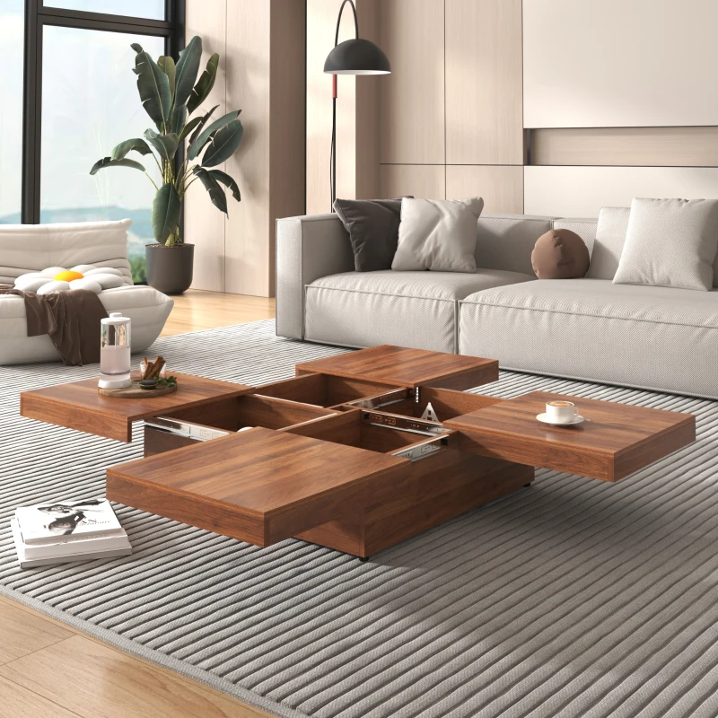 Square Marble Veneer Coffee Table with Sliding Top and Storage, Modern Sofa Table with MDF Construction, 39.5" L x 39.5" W x 10" H, Walnut
