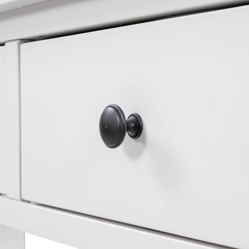 Mid-Century Retro Console Table with 2 Open Shelves, 3 Drawers, Pine Solid Wood Frame, Circular Handles, 50" L x 16" W x 30" H, White