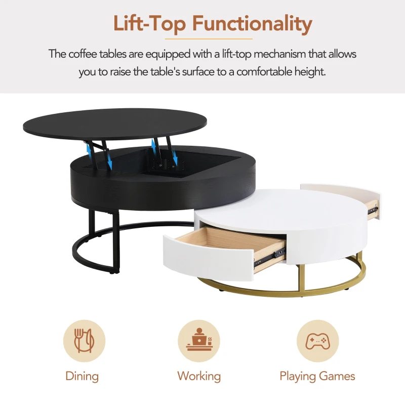 Modern Round Lift-top Nesting Coffee Tables with 2 Drawers, Space-saving Design, Storage Solutions, 31.5" L x 31.5.5" W x 22.5" H, White+Black