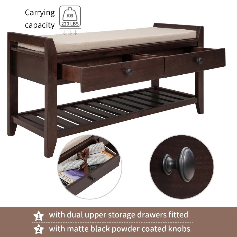 Shoe Rack with Cushioned Seat and Drawers, Pine Wood Construction, Multipurpose Entryway Storage Bench, 39" L x 14" W x 20" H, Dark Brown