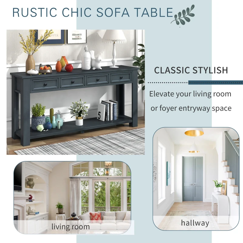 Rustic Chic Console Table with Storage Drawers, Bottom Shelf, Solid Wood Frame, Ideal for Entryway, Hallway, 63" L x 14" W x 30" H, Navy