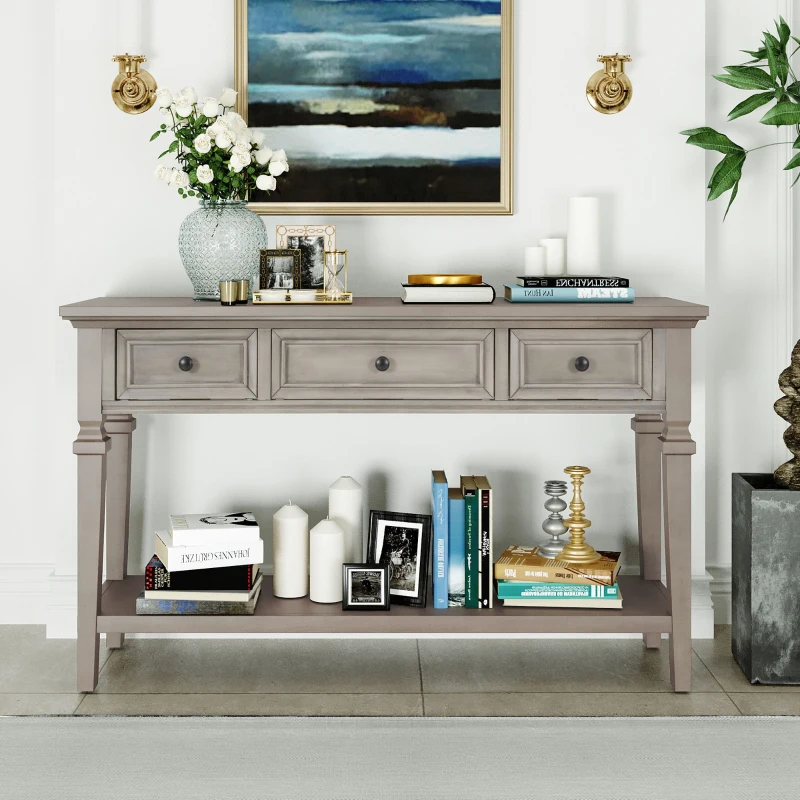 Classic Retro Console Table with 3 Drawers, Open Shelf, Vintage Metal Handles, Perfect for Entryway, Living Room, 50" L x 15" W x 30" H, Gray
