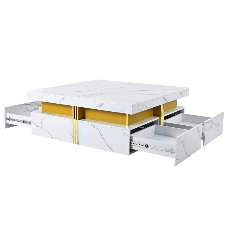 Modern Square Storage Coffee Table with 4 Drawers, MDF Construction, Ample Storage with Four Drawers, 43.5" L x 43.5" W x 16.5" H, White