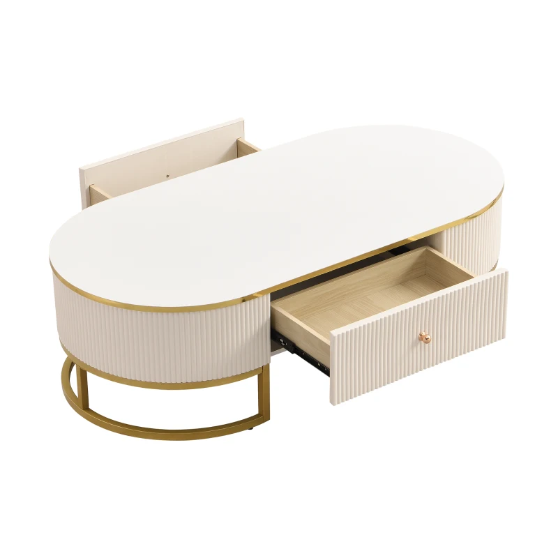 Modern High-Gloss Oval Coffee Table with Storage Drawers, Gold Lacquered Metal Base, Curved Design, 47" L x 23.5" W x 14.5" H, White+Gold