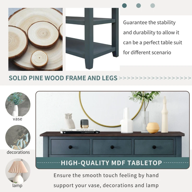 Mid-Century Retro Console Table with 2 Open Shelves, 3 Drawers, Pine Solid Wood Frame, MDF Tabletop, 50" L x 16" W x 30" H, Navy