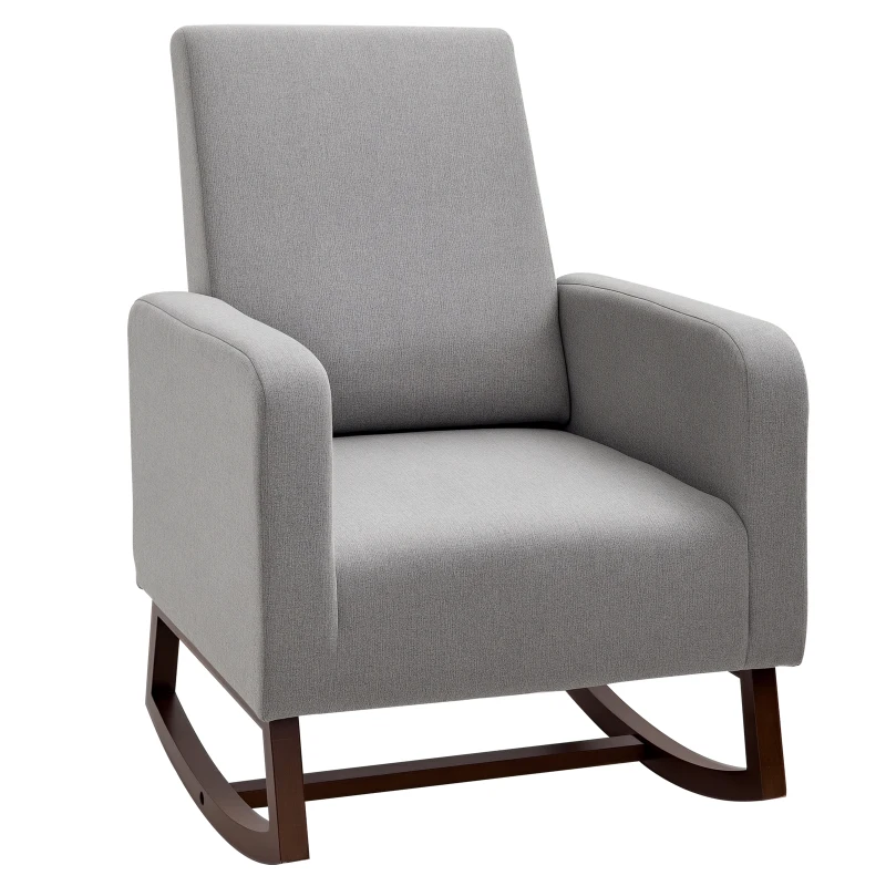 HOMCOM Accent Lounge Rocking Chair with Solid Curved Wood Base and Linen Padded Seat, Grey