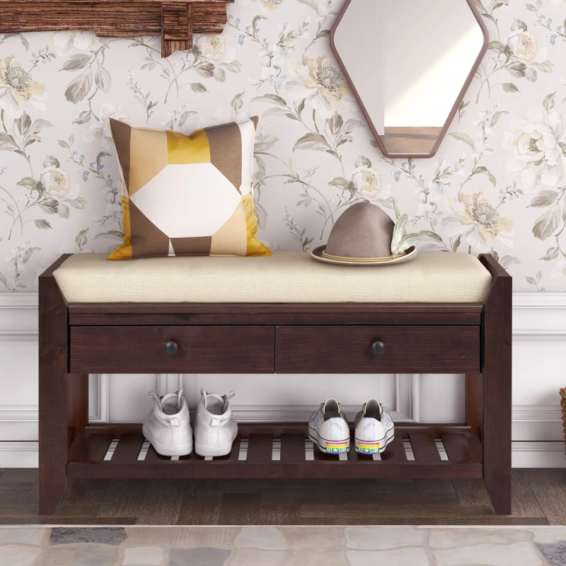 Shoe Rack with Cushioned Seat and Drawers, Pine Wood Construction, Multipurpose Entryway Storage Bench, 39" L x 14" W x 20" H, Dark Brown