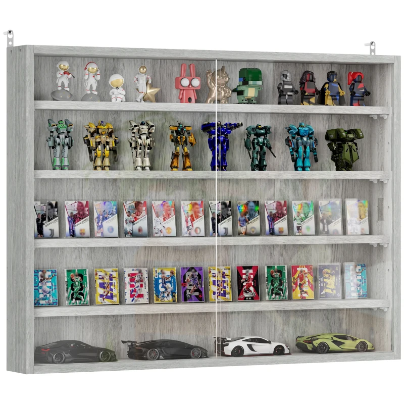 HOMCOM 5-Tier Display Cabinet, Wall-Mounted Display Case with 2 Glass Doors and Adjustable Shelves, Gray
