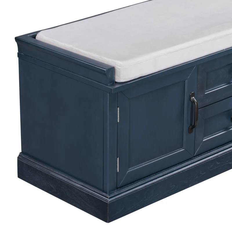 Storage Bench Comfortable Seating, Adjustable Shelves and Removable Cushion for Entryway, 43" L x 16" W x 17.5" H, Antique Navy