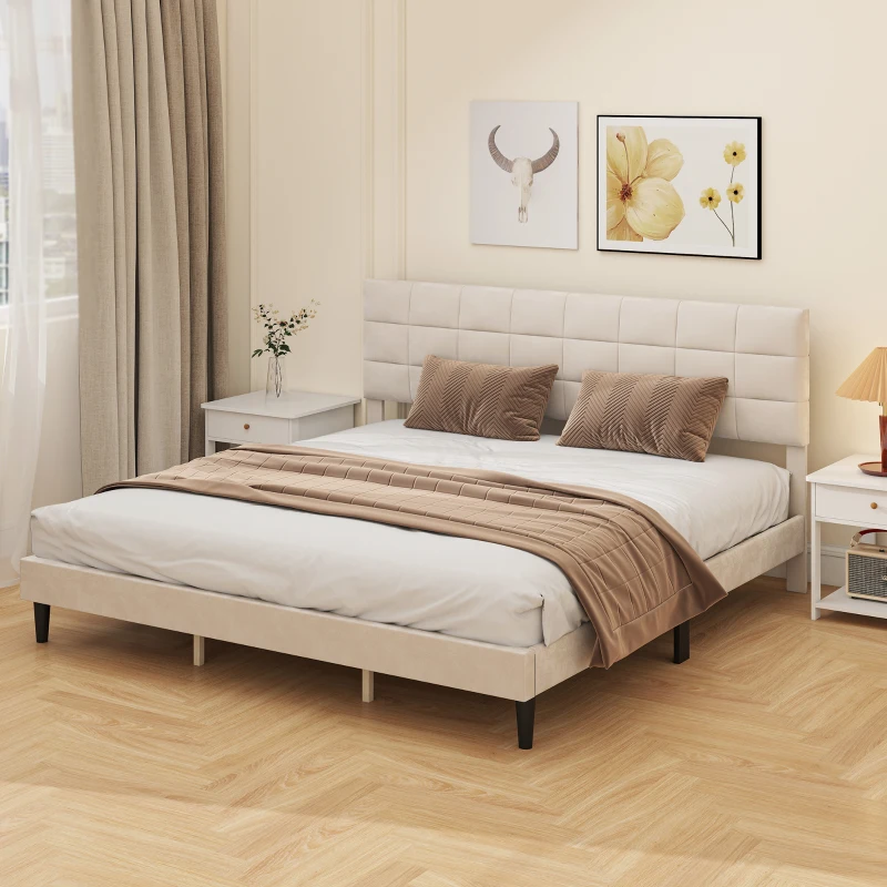 HOMCOM King Size Bed Frame with Upholstered Headboard, Modern Platform Bed Frame with Wood Slats, 1100 lbs Capacity, Cream