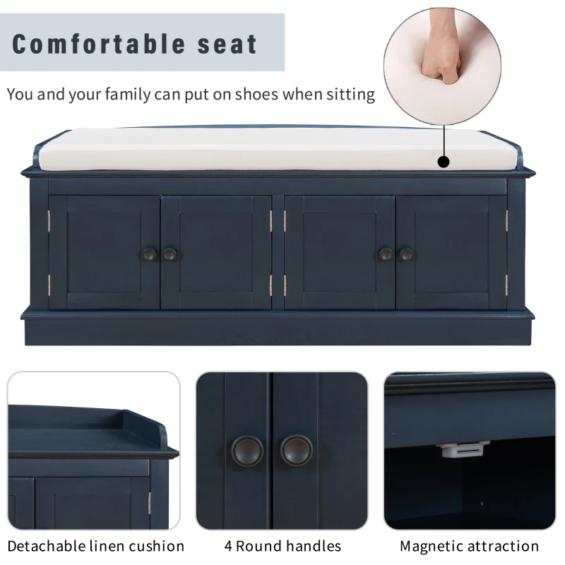 Storage Bench with 4 Doors and Comfortable Seating, Adjustable Shelves and Removable Cushion for Entryway, 43" L x 16" W x 17.5" H, Antique Navy