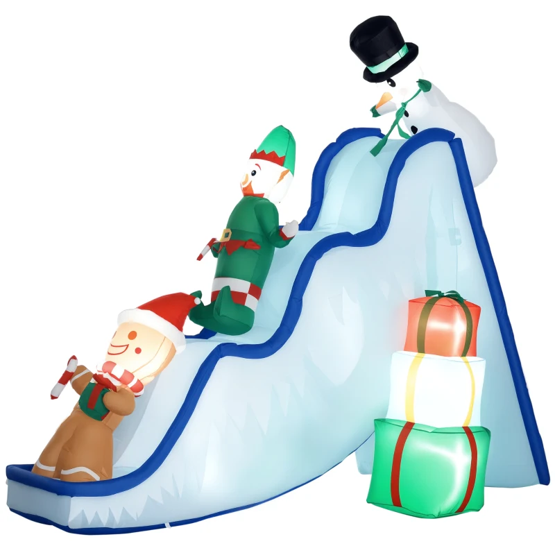 HOMCOM 8.5FT Long Christmas Inflatables Outdoor Decorations Snowman, Elf and Gingerbread Man on Ski Slope, Blow-Up LED Christmas Decor, Waterproof