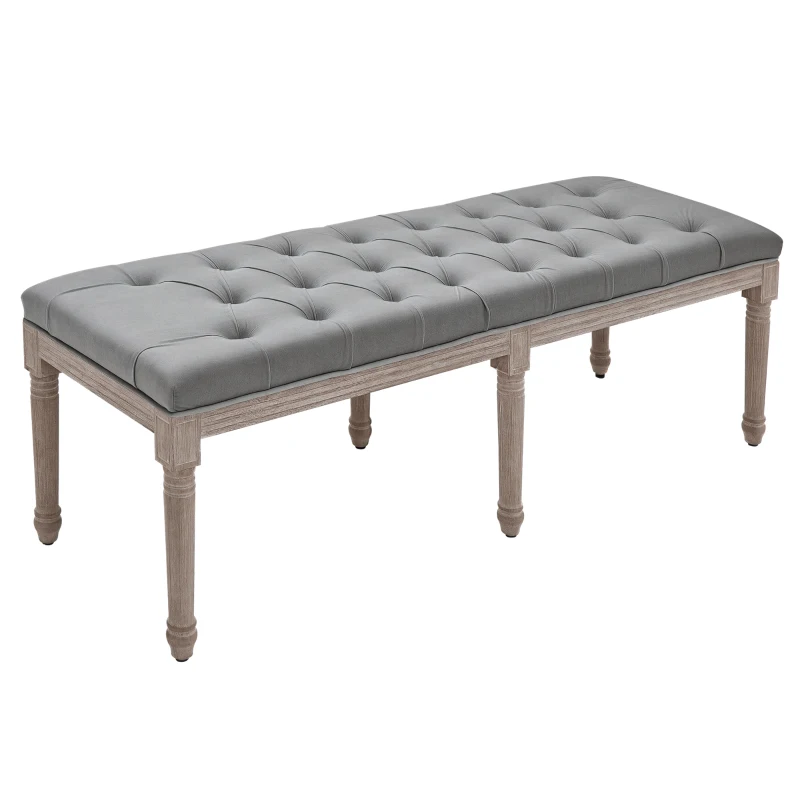 HOMCOM Bedroom End of Bed Bench, 56" Upholstered Entryway Bench with Button Tufted, Thick Padding and Wood Legs, French Vintage Style Linen-Feel Ottoman Bench for Hallway, Living Room, Gray