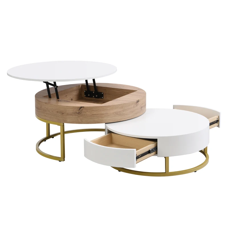Modern Round Lift-top Nesting Coffee Tables with Hydraulic Lifting System, Space-saving Design, 31.5" L x 31.5" W x 16" H, Natural+White