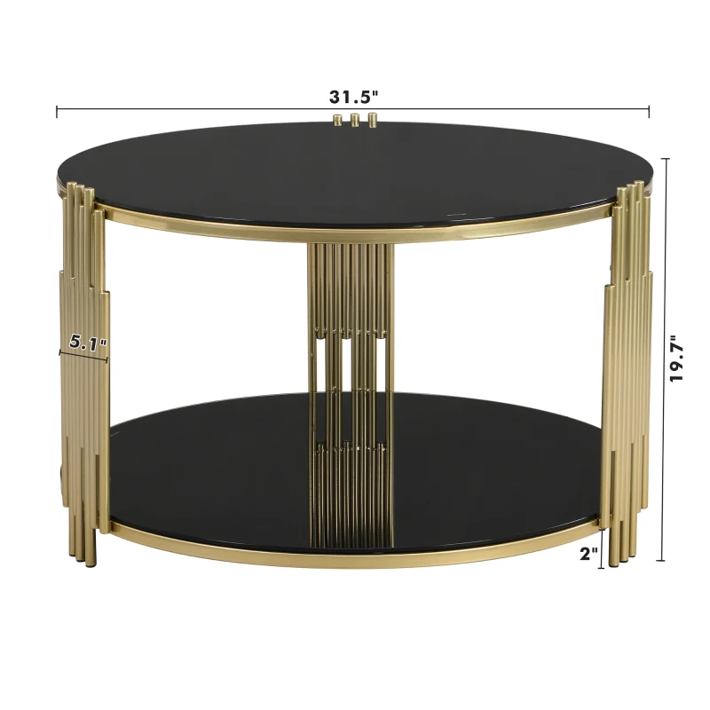 Modern Asymmetrical Coffee Table with Black Mirror Top, Circular Metal Drum Base and Lower Shelf, 31.5" L x 31.5" W x 20" H, Black