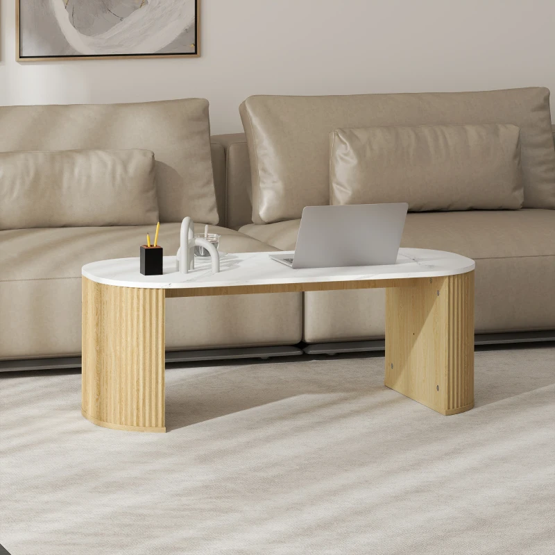 HOMCOM Coffee Table, Modern Marble-Effect Living Room Table with Round Corners and Thicken Legs, Natural Wood