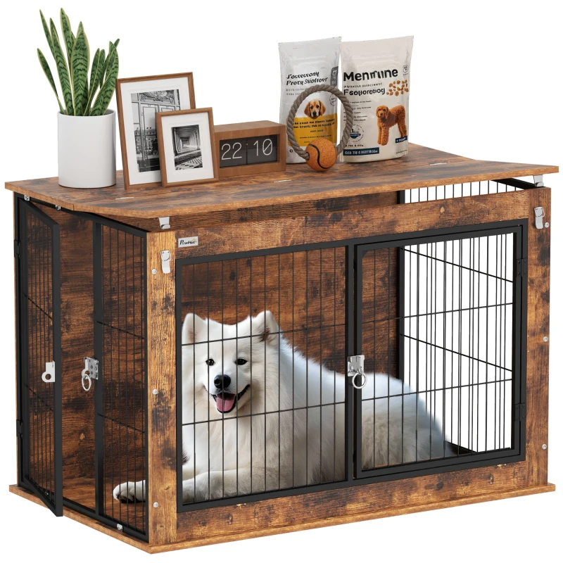 PawHut 39" Dog Crate Furniture with Flip-up Top Opening, 2 Doors, Dog Kennel Furniture for Large Dogs, Rustic Brown