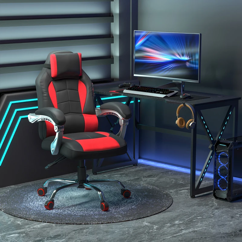 HOMCOM Racing Gamer Chair, High Back Faux Leather Gaming Chair with Headrest and Lumbar Support, Red