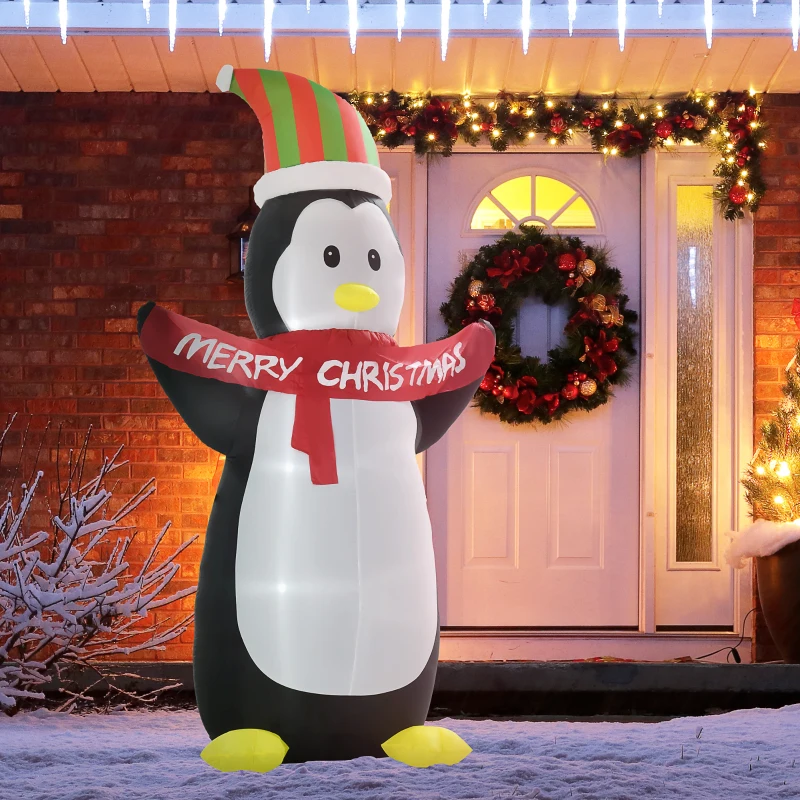 HOMCOM 8ft Christmas Inflatables Outdoor Decorations Penguin with Merry Christmas Banner, Blow-Up Yard Christmas Decor with LED Lights Display