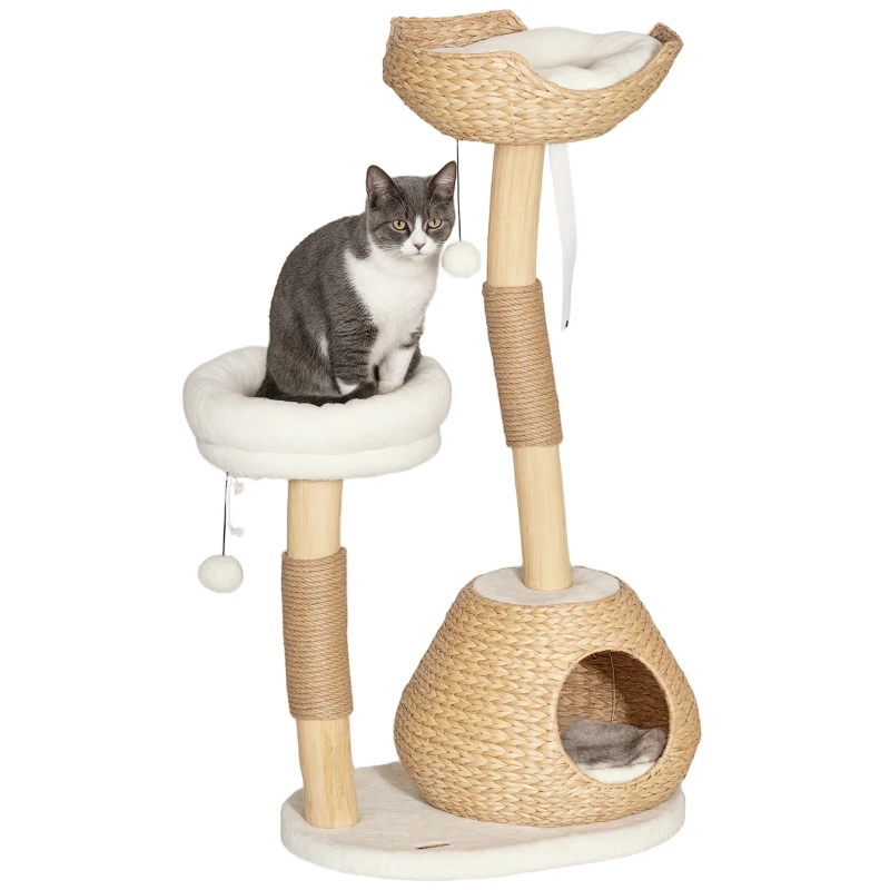 PawHut 41" Cat Tree for Indoor Cats with Wooden Cat Scratching Posts, Cat Condo, Cat Beds & Toy Balls, Cream White