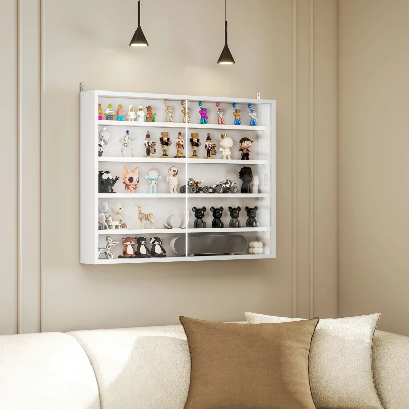 HOMCOM 5-Tier Display Cabinet, Wall-Mounted Display Case with 2 Glass Doors and Adjustable Shelves, White