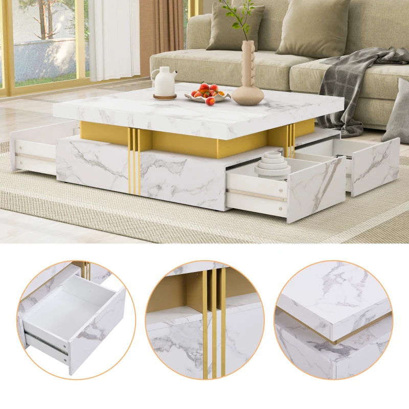Modern Square Storage Coffee Table with 4 Drawers, MDF Construction, Ample Storage with Four Drawers, 33.5" L x 33.5" W x 16.5" H, White