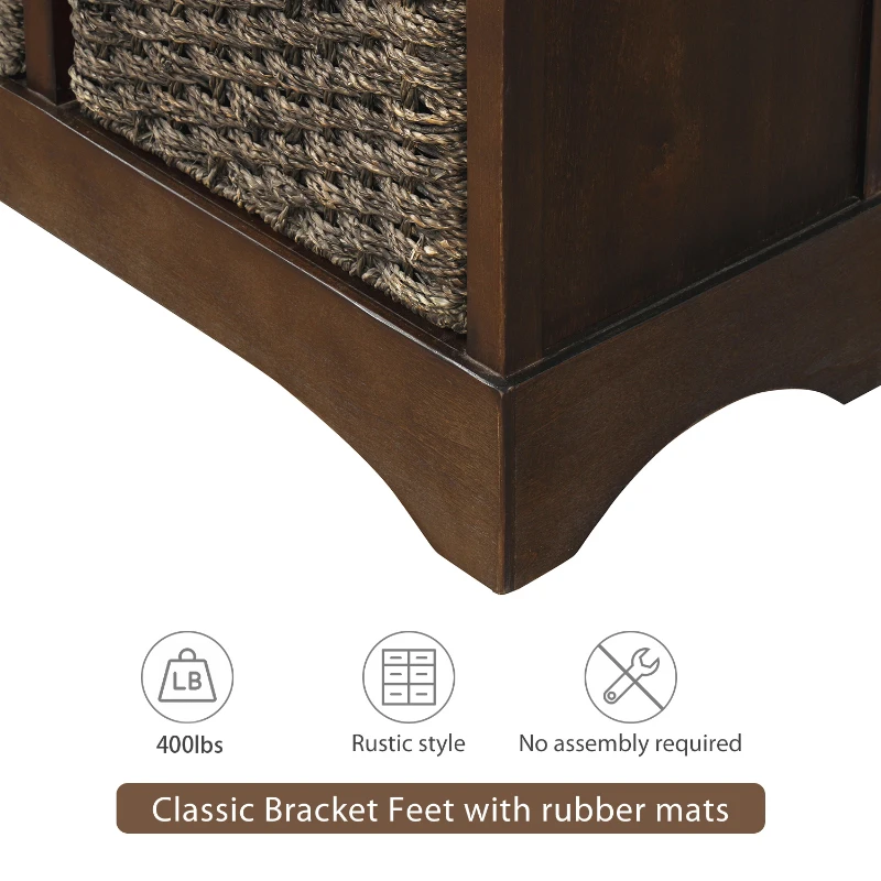 Rustic Storage Cabinet with Two Drawers and Four Rattan Baskets, Modern Farmhouse Style, Acacia Wood Frame, 28" L x 12" W x 28" H, Brown