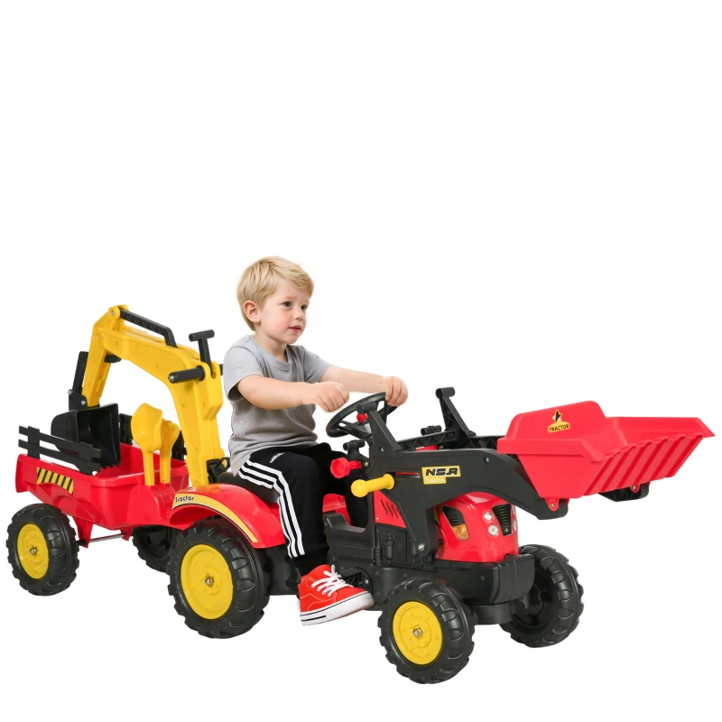 Aosom 3 in1 Kids Ride On Excavator/Bulldozer, Pedal Car Digger Toy Move Forward/Back with 6 Wheels and Detachable Cargo Trailer