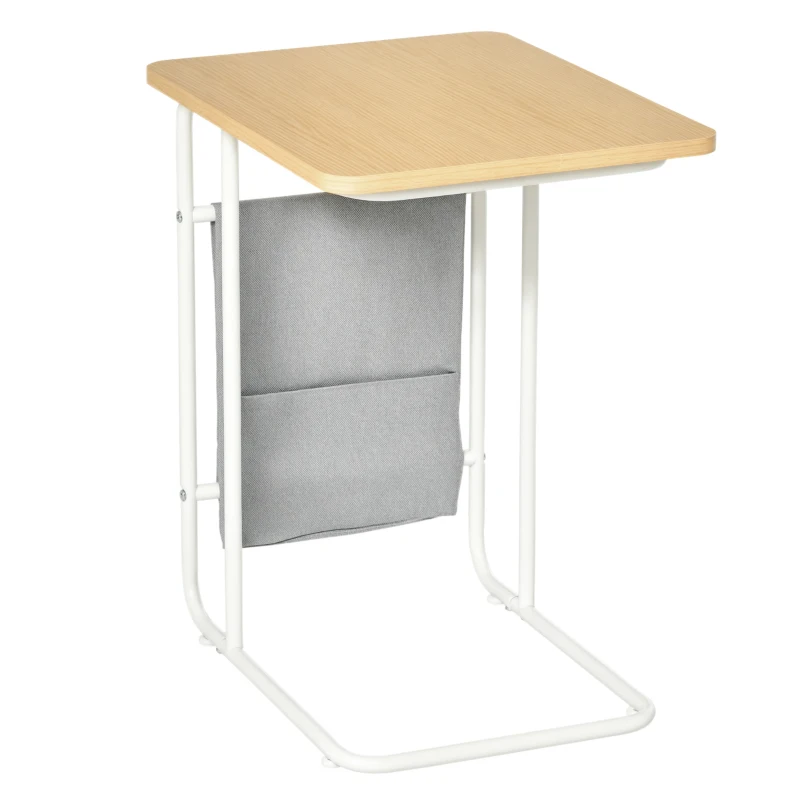 HOMCOM C-Shaped End Table, Side Table with Storage Bag, Laptop Table for Living Room, Bedroom, Oak