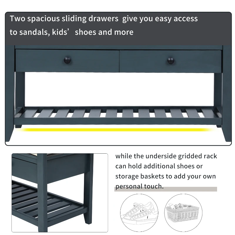 Shoe Rack with Cushioned Seat and Drawers, Pine Wood Frame, Multipurpose Entryway Storage Bench, 39" L x 14" W x 20" H, Antique Navy
