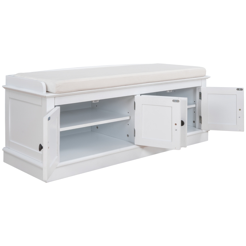 Storage Bench with 4 Doors and Adjustable Shelves, Shoe Bench with Removable Cushion for Entryway, 43" L x 16" W x 17.5" H, White