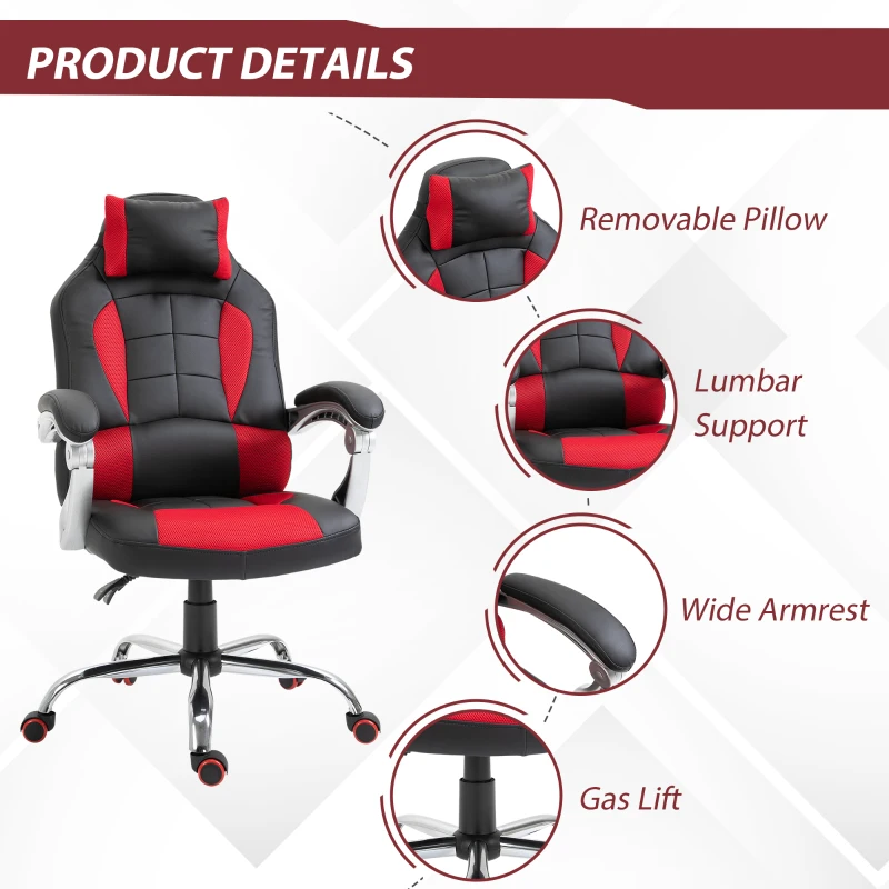 HOMCOM Racing Gamer Chair, High Back Faux Leather Gaming Chair with Headrest and Lumbar Support, Red