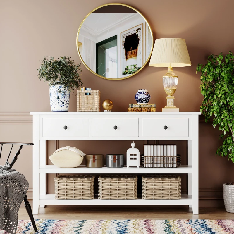 Mid-Century Retro Console Table with 2 Open Shelves, 3 Drawers, Pine Solid Wood Frame, Circular Handles, 50" L x 16" W x 30" H, White