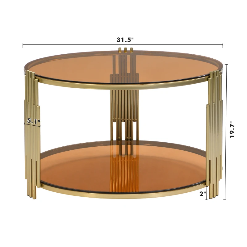 Modern Asymmetrical Coffee Table with Brown Glass Top, Circular Metal Drum Base, Lower Shelf, 31.5" L x 31.5" W x 20" H, Brown