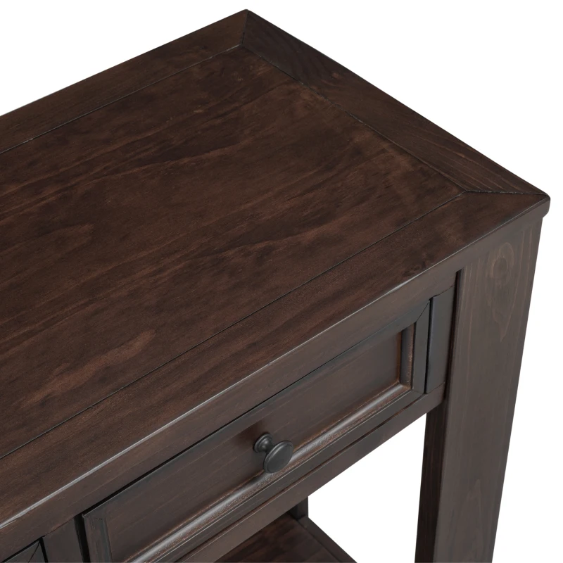 Rustic Chic Console Table with 4 Storage Drawers, Bottom Shelf, Solid Wood Frame, All Tools Included, 63" L x 14" W x 30" H, Dark Brown