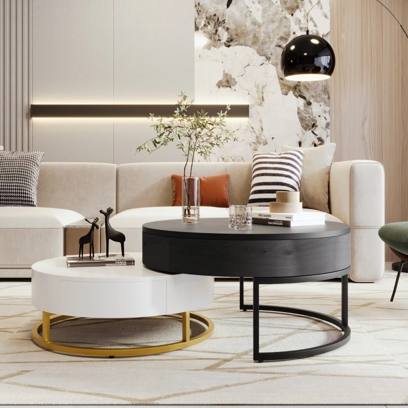 Modern Round Lift-top Nesting Coffee Tables with 2 Drawers, Space-saving Design, Storage Solutions, 31.5" L x 31.5.5" W x 22.5" H, White+Black
